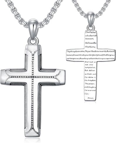 925 الفضة الاسترليني الصليب قلادة للرجال النساء الرب الصلاة النقش الصليب قلادة مع سلسلة 2 مم عيد الميلاد الكاثوليكية المسيحية هدايا المجوهرات للأب الزوج الابن صديقها في سن المراهقة in Kuwait