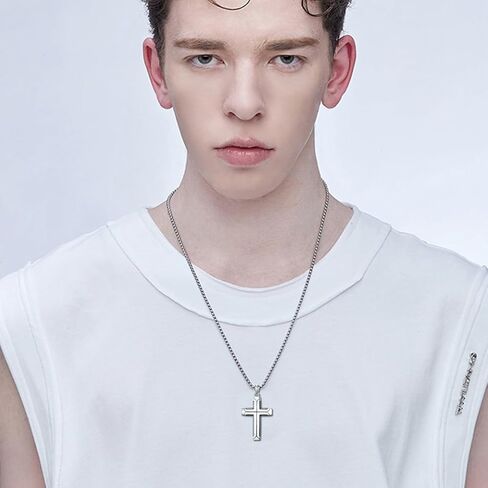 925 الفضة الاسترليني الصليب قلادة للرجال النساء الرب الصلاة النقش الصليب قلادة مع سلسلة 2 مم عيد الميلاد الكاثوليكية المسيحية هدايا المجوهرات للأب الزوج الابن صديقها في سن المراهقة in Kuwait
