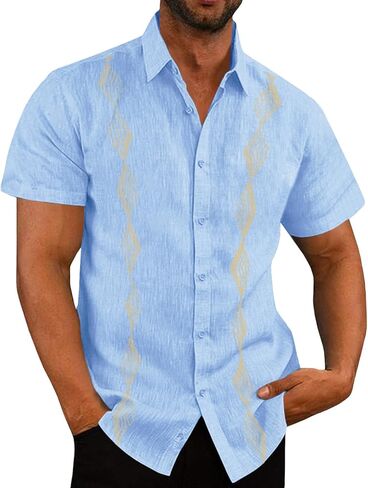 قميص كتان كوبي Guayabera للرجال من Eymitory بأكمام قصيرة وأزرار سفلية، قمصان كاجوال من القطن والكتان للصيف والشاطئ in Kuwait