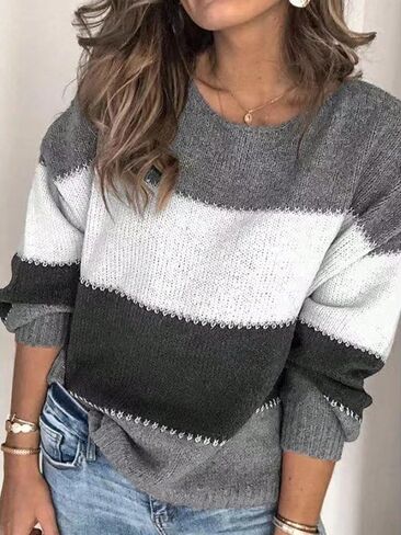 COZYEASE Women's Plus Size Colorblock Long Sleeve Crewneck Sweaters Loose Fitted Drop Shoulder Knit Pullovers Tops in Saudi Arabia