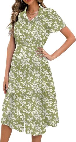 Infashule Button Up Summer Dresses for Women 2023, V Neck Short Sleeve Boho Floral Tie Front Casual Dress in Kuwait