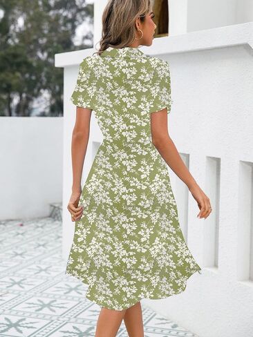Infashule Button Up Summer Dresses for Women 2023, V Neck Short Sleeve Boho Floral Tie Front Casual Dress in Kuwait