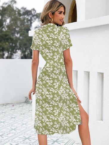 Infashule Button Up Summer Dresses for Women 2023, V Neck Short Sleeve Boho Floral Tie Front Casual Dress in Kuwait