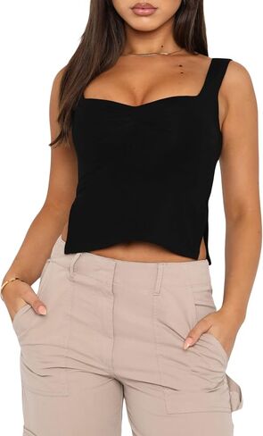 Women's Y2K Sleeveless Strappy Crop Tops Ruched Sweetheart Neck Backless Cropped Tank Top Slits Cami Shirt in Kuwait