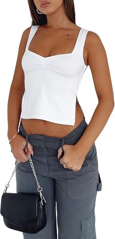 Women's Y2K Sleeveless Strappy Crop Tops Ruched Sweetheart Neck Backless Cropped Tank Top Slits Cami Shirt in Kuwait