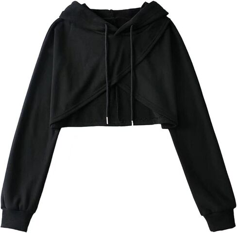 Womens Cut Out Ultra Crop Top Hoodie Criss Cross Long Sleeve Drawstring Hooded Pullover Sweatshirt in Kuwait