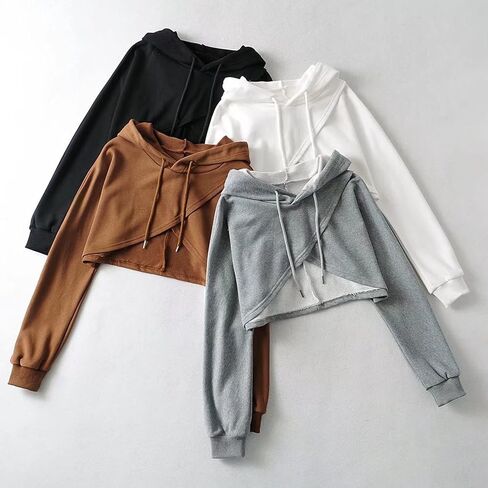 Womens Cut Out Ultra Crop Top Hoodie Criss Cross Long Sleeve Drawstring Hooded Pullover Sweatshirt in Kuwait