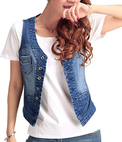 Women's Cotton Button Up Short Slim Denim Vest Sleeveless Jean Waistcoat Jacket (Dark Blue02, Large) in Saudi Arabia