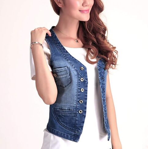 Women's Cotton Button Up Short Slim Denim Vest Sleeveless Jean Waistcoat Jacket (Dark Blue02, Large) in Saudi Arabia