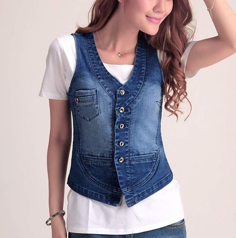 Women's Cotton Button Up Short Slim Denim Vest Sleeveless Jean Waistcoat Jacket (Dark Blue02, Large) in Saudi Arabia