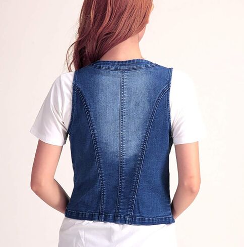 Women's Cotton Button Up Short Slim Denim Vest Sleeveless Jean Waistcoat Jacket (Dark Blue02, Large) in Saudi Arabia