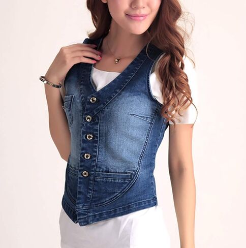 Women's Cotton Button Up Short Slim Denim Vest Sleeveless Jean Waistcoat Jacket (Dark Blue02, Large) in Saudi Arabia