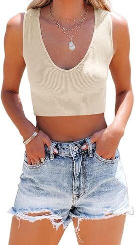 HeSaYep Women's Sleeveless Ribbed Tank Top Deep Plunge V Neck Crop Tops Sexy Cropped Tank Tops in Kuwait