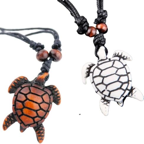 Sea Turtle Necklaces - Hawaiian Surfing Chokers (2 Pc) Cool Cosplay Fashion Toys - White and Brown Bone Pendant - Beaded Rope Chain - Adjustable Necklace in Saudi Arabia
