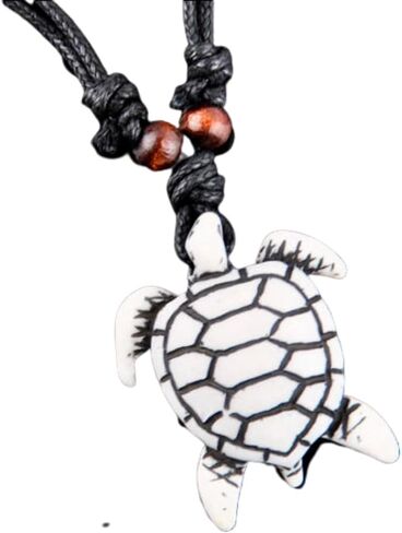 Sea Turtle Necklaces - Hawaiian Surfing Chokers (2 Pc) Cool Cosplay Fashion Toys - White and Brown Bone Pendant - Beaded Rope Chain - Adjustable Necklace in Saudi Arabia