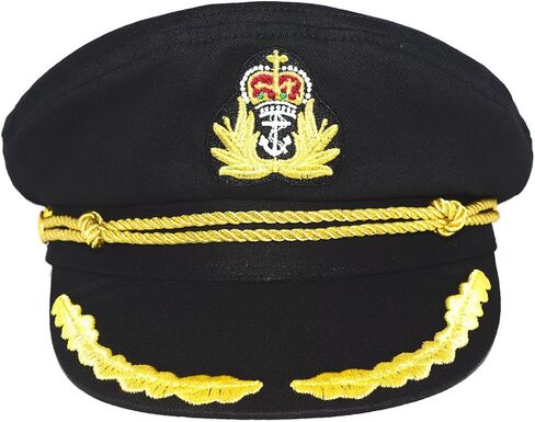 Black Admiral Captain Yacht Hat, Gold Embroidery Anchor Skippers Cap for Cruise Nautical Party Costume Accessory in Kuwait