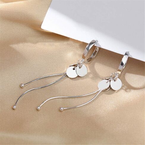 Tassel Disc Drop Dangle Small Hoop Earrings for Women Girls S925 Sterling Silver Cute Huggie Hoops Coin Sequins Ball Bead Long Snake Chain Dropping Fashion Charms Jewelry Dainty Gifts in Saudi Arabia