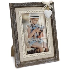 Sapowerntus 8x10 Picture Frames Rustic Wood Farmhouse Cute Heart Love Solid Wooden Family Photo Frame Lace Bow Glass Boho Wall Decor Hanging Tabletop Kids Mom Mother Wedding Gift