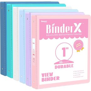 6 Pack Binders 3 Ring 1 inch, Sooez Extra Durable 1" Three Round Ring Binders with Pockets, Cute Customizable Clear View Cover for 8.5 x 11'' Letter Size Papers, Pastel School Office Supplies for Girl