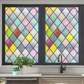 MALOKI Stained Glass Window Film,Colorful Lattice Window Tint,Rainbow Door Privacy Films,Removable Transparent Double Sided Vintage Geometric Window Clings for Glass Windows Decals Window Stickers