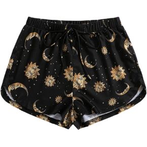 WDIRARA Women's Sun Moon Graphic Print Drawstring Waist Casual Shorts