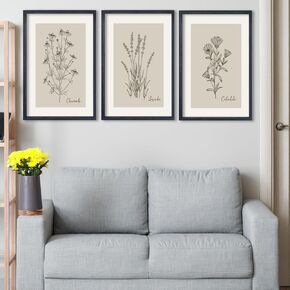 Vintage Antique Garden Wildflowers Sign Wall Art Decor 16"x11" Set Of 3 Living Room Soild Wood Framed Farmhouse Bedroom Modren Minimalist Floral Botanical Flowers Wall Hanging (Black)