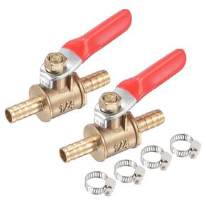 uxcell Brass Air Ball Valve Shut Off Switch 6mm Hose Barb to 6mm Hose Barb with Clamps Red Handle 2Pcs
