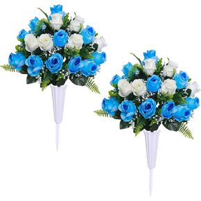 Lodou Artificial Cemetery Flower Saddles, Rose Headstone Flower Saddle Outdoor Grave Decorations,Cemetery Memorial Flowers with Vase for Grave Tombstone Decorations (Blue with White, 2 Bouquets)