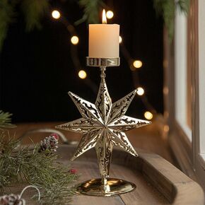 Candle 2 Pack Holders Christmas Decor: Gold Eight-Pointed Star Candlestick for Taper Table Centerpiece Festive Ornaments Mantel Home