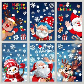 123 Pcs Christmas Window Clings, 6 Sheets Xmas Adorable Double-Sided Removable Static Decals, Decorative Stickers for Christmas Party, Santa Claus Snowman Reindeer Gingerbread Man