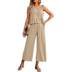 ThusFar Women's Summer 2 Piece Outfits Sleeveless Crewneck Ruffle Tank Tops Wide Leg Pant Vacation Sets Casual Tracksuit