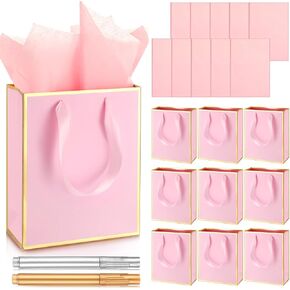 Yeaqee 10 Pack Metallic Paper Gift Bags with Handles Tissue Paper Thank You Favor Bags for Baby Shower Wedding Bridal Shower Groomsmen Him Her 5 Senses Gift(Green, Gold)