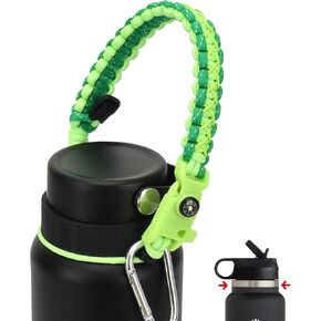 2.0 Paracord Handle for Hydroflask 2.0 Wide & Standard Mouth Water Bottles Carrier with New Ring & Carabiner 12oz - 64oz (32 oz-40 oz Wide Mouth, Glow Green Compass)
