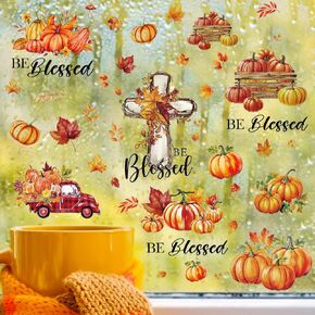 6 Sheets Religious Fall Window Cling Sticker Be Blessed Thanksgiving Autumn Harvest Colorful Cross Pumpkin Truck Leaves for Home Party Supplies Shop Window Glass Display Decoration