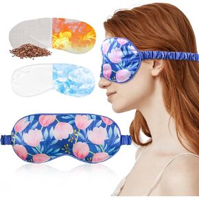 Cooling Eye Mask Silky Satin Sleep Mask with Cold Gel Weighted Microwave Heated Pad Eye Compress for Dry Eyes Care Sleeping Women Man Blackout Blindfold for Migraine Puffy Swollen