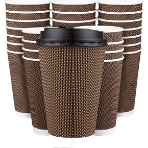 Promora Brown Disposable Coffee Cups With Lids 16 oz, Premium Insulated Paper Ripple Cups for Hot Coffee, Paper Cups 16 oz Coffee Cups 16 oz, Hot Cups With Lids 16 oz, Paper Coffee Cups (80 Pack)