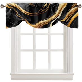 Tie Up Valance Curtain Marble Gold Black Pattern Valances for Windows,Window Topper for Living Room Adjustable Drape Valance Window Treatments Small Cafe Curtain 54x18in