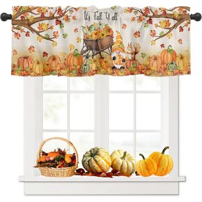 Fall Kitchen Curtain Valances for Window Bedroom Thanksgiving Pumpkins Autumn Harvest Leaves Short Fall Window Treatment Decoration Rod Pocket for Bathroom Living Room,54" x 18", 1 Panel