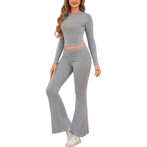 2 Piece Lounge Sets for Women Lace Foldover Flare Pants Long Sleeve Crop Top Lightweight Pajamas Set Y2K Clothes