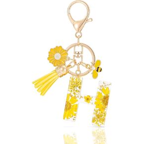 Initial Letter A Keychain Resin Alphabet Keyrings,Yellow Petals Gold Foil Key Ring Charm with Daisy Bee Tassel Pendant,Key Chain for Women Adult Gift Wallet Purse Bag Handbag Decoration(A)
