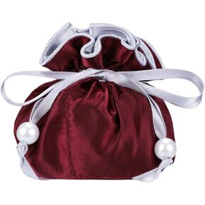 Drawstring Premium Satin Jewelry Pouch with 8 Interior Pockets, Maroon + Silver