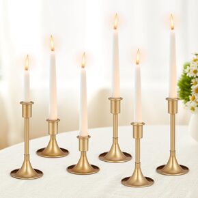 Gold Taper Candle Holders Set of 6 with Anti-Slip Pad Vintage Small Low Metal Candles Gold Metal Candelabra Set for Weddings, Dinners & Parties, 3 Sizes (6, Gold)