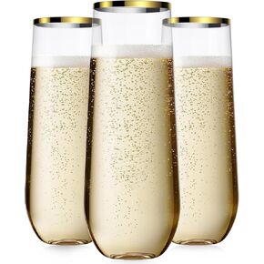 24 Pcak Champagne Flutes Plastic, 9 Oz Disposable Stemless Mimosa Gold Rim Toasting Glasses, Clear Crystal Plastic Cocktail Cups for Party Wedding Birthday