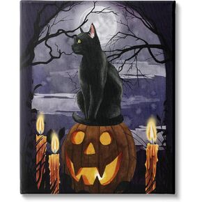 Stupell Industries Full Moon Halloween Night Spooky Black Cat Jack-o'-Lantern, Designed by Grace Popp Canvas Wall Art, 16 x 20, Orange