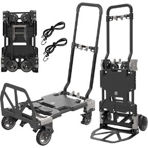 2 in 1 Folding Hand Truck Dolly, 330LB Heavy Duty Carrying with 4 Wheels Foldable, Portable Dolly with Retractable Handle, Include 2 Bungee Cords, for Moving, Luggage, Office
