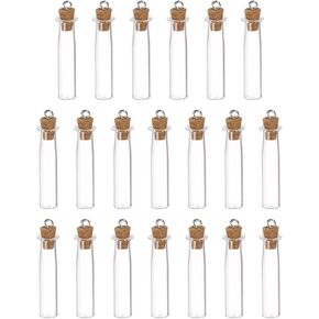 HARFINGTON 20pcs Mini Glass Bottles with Cork Stoppers Long Bottle Shaped Tiny Glass Jars Small Glass Vials Transparent Clear Wishing Bottles with Ring for DIY Art Crafts Party Decoration
