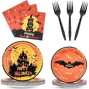100 Pcs Halloween Party Plates and Napkins Party Supplies Halloween Disposable Dinnerware Halloween Party Decorations Favors for Halloween Theme Party Serves 25.