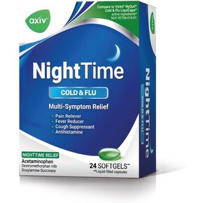 AXIV Nighttime Cold & Flu Relief Softgels, Multi-Symptom Nighttime Relief for Headache, Fever, Sore Throat, Minor Aches and Pains, Sneezing, Runny Nose, and Cough 24 Count