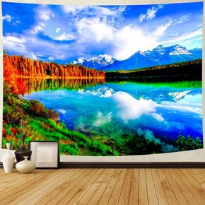 Delur Mountain Lake Tapestry Forest Nature Landscape Tapestry Wall Hanging Scenic Tree Blue Sky Tapestry Psychedelic Natural Headboard Bedspread Tapestry for Bedroom Living Room Decor (70.8" x 92.5")