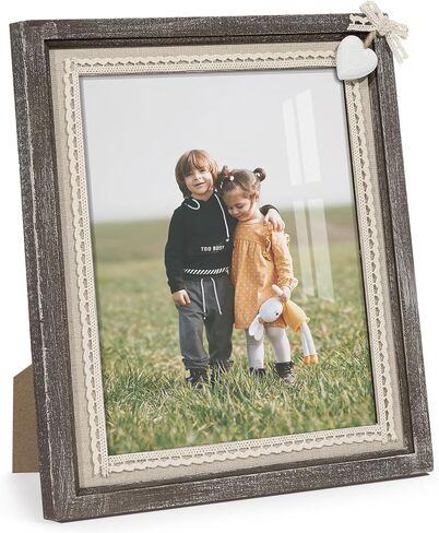 Sapowerntus 8x10 Picture Frames Rustic Wood Farmhouse Cute Heart Love Solid Wooden Family Photo Frame Lace Bow Glass Boho Wall Decor Hanging Tabletop Kids Mom Mother Wedding Gift in Saudi Arabia